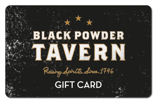 Black Powder Tavern logo on a faded black background